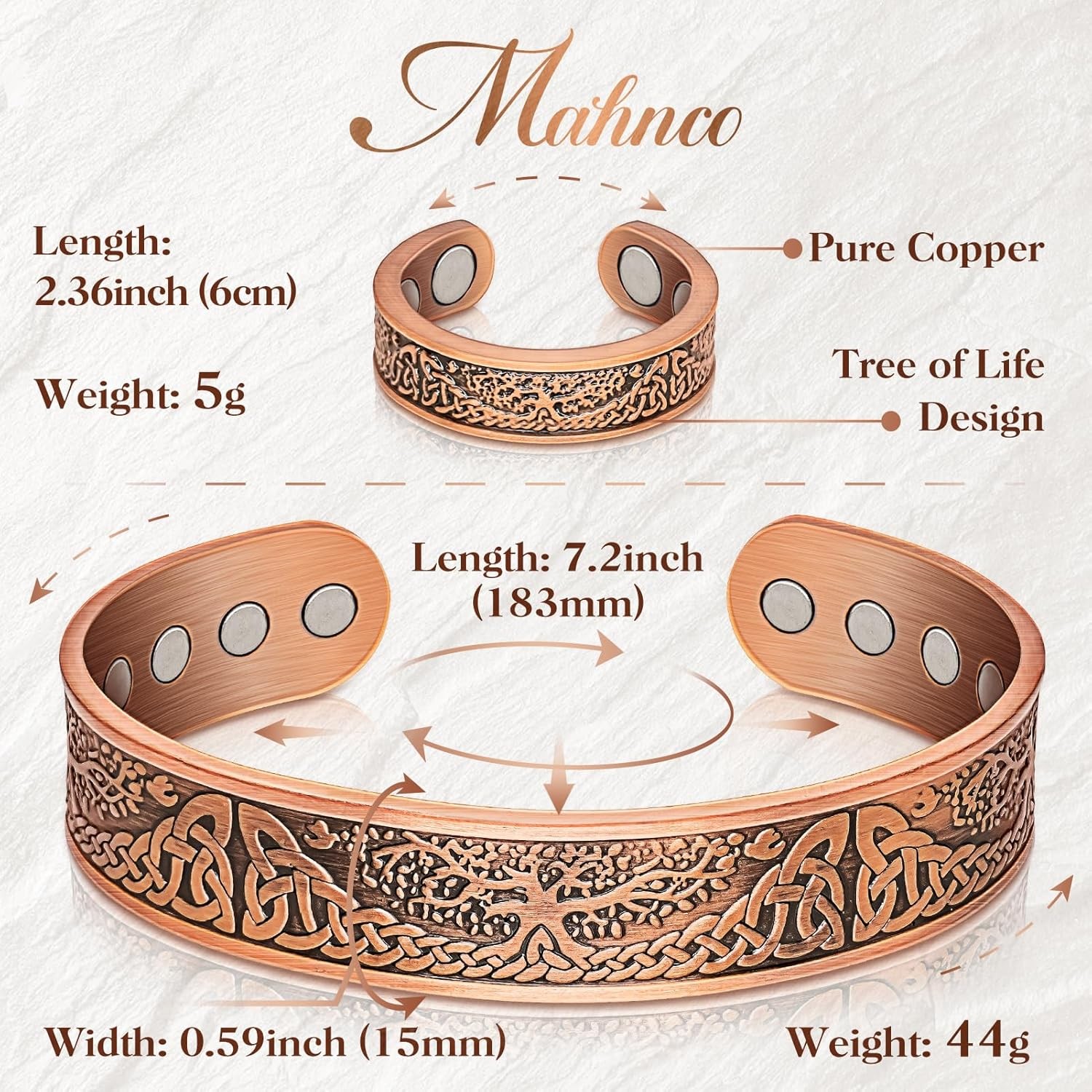 Pure Copper Magnetic Bracelet for Men & Women with Stylish Ring Gift