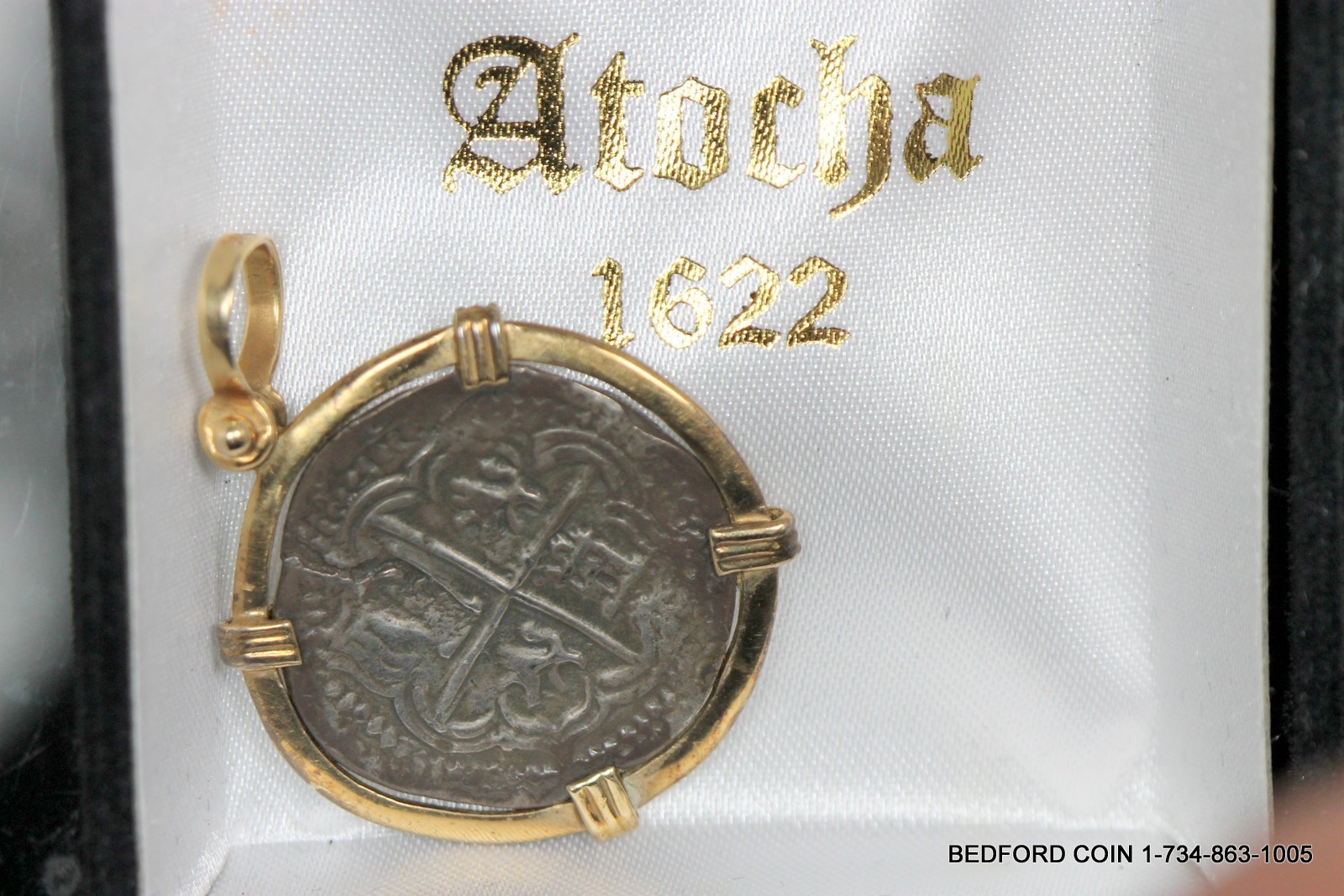 RECREATION ATOCHA SILVER COIN IN 14KT SOLID GOLD BEZEL HANDMADE PENDANT 7.3G COA