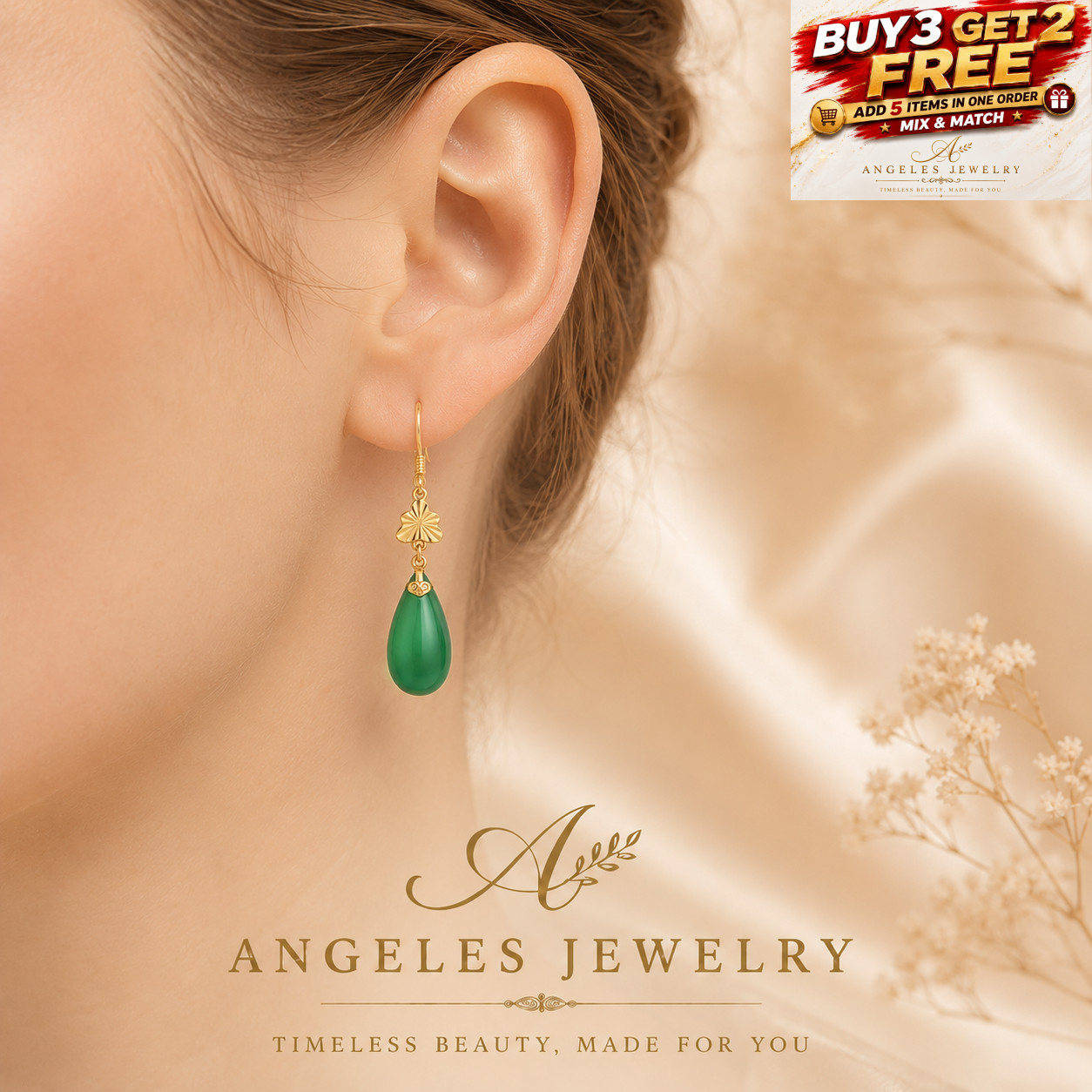 Jade Drop Dangle Earrings Flower Gemstone Boho Minimalist Hook 18K Gold Plated