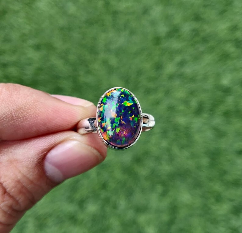 Solid 925 Sterling Silver Black Opal Ring Handmade Ring Women Promise Ring Gift