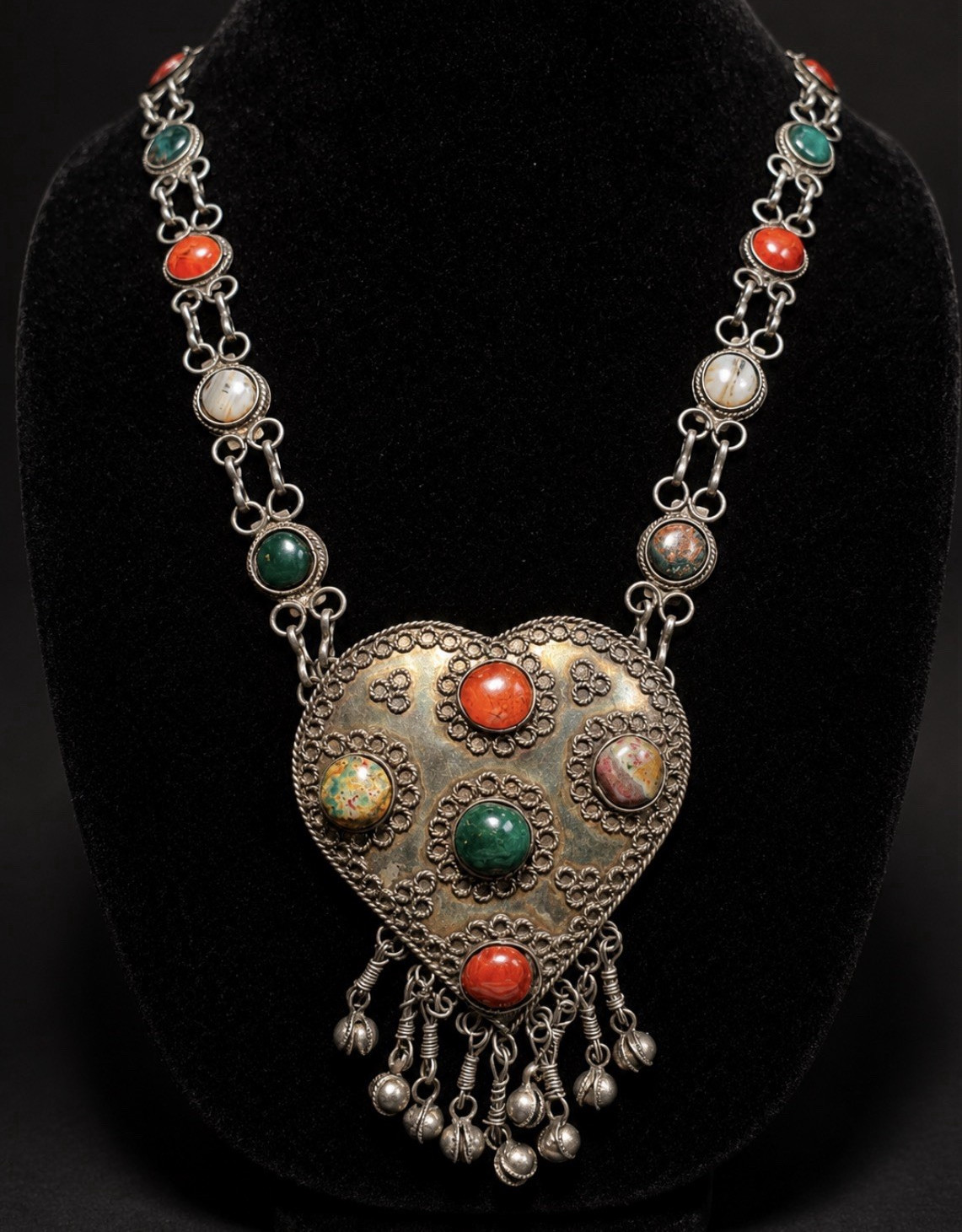 Silver-Tone Link Chain Necklace w/ Multicolor Cabochon Heart Charm Pendant