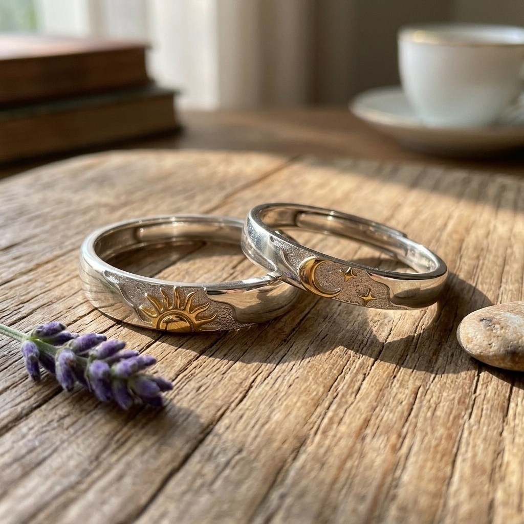 Adjustable Matching Wedding Bands Couple Promise Ring Set Sun Moon Star