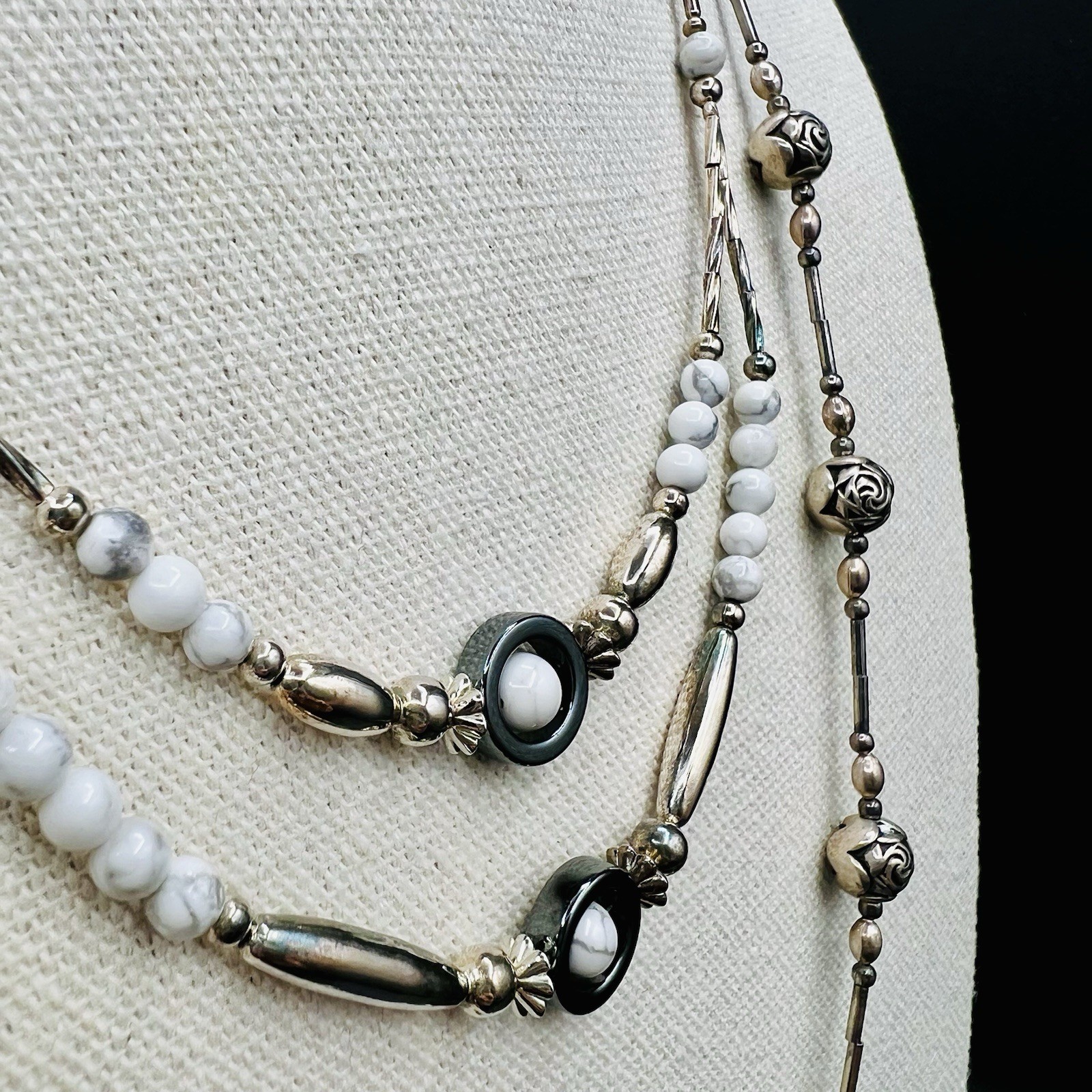 Vintage Silver Tone White Gray Marble Cabochon & Rose Ball Layered Necklace Lot