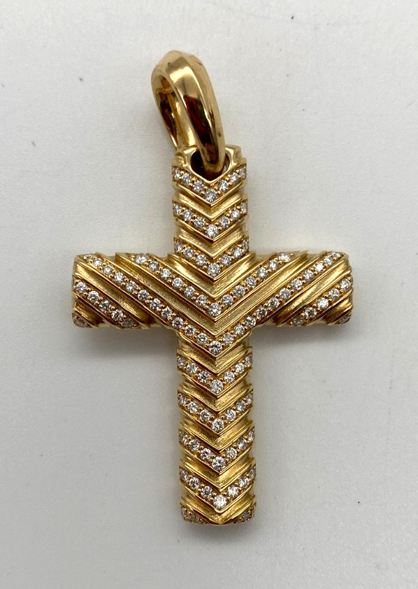 David Yurman 18K Yellow Gold Chevron Cross Enhancer Diamonds Pendant 36 x 27mm