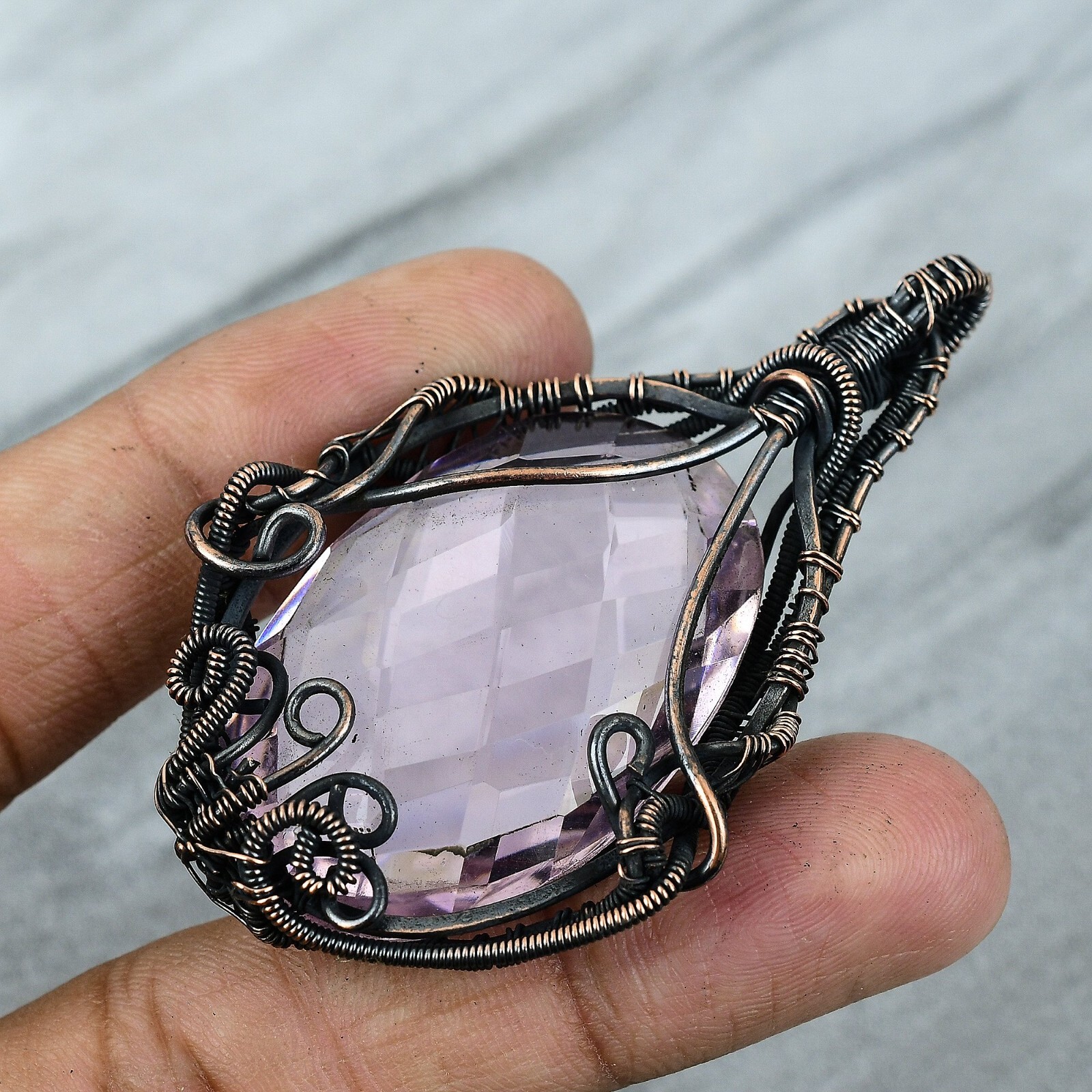 Pink Kunzite Wire Wrapped Pendant Handcrafted Copper Unique Jewelry 2.76″
