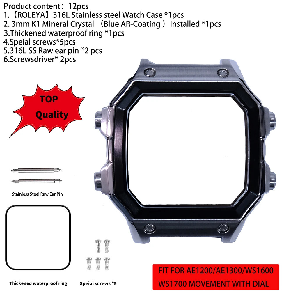 Suitable For Casio AE1200 Watch Case Mod Kit 316L Stainless Steel Glass 10ATM