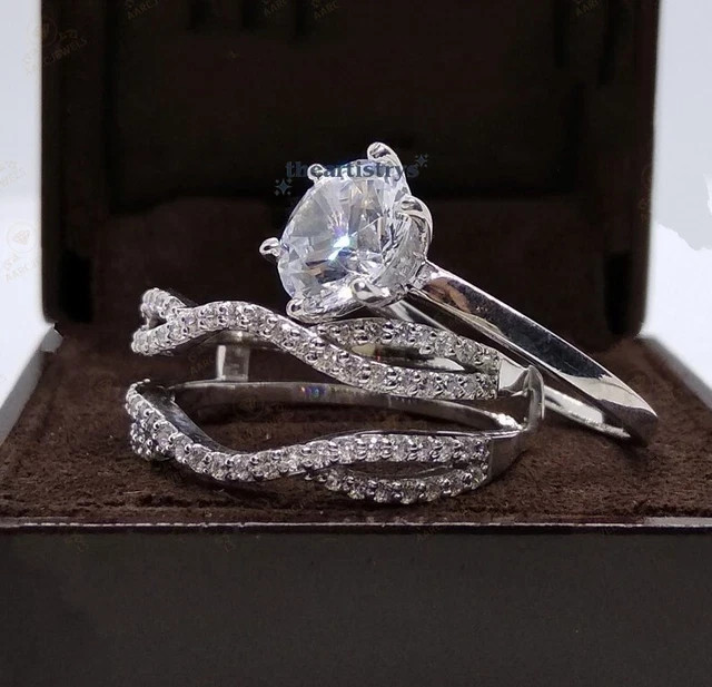 Moissanite Bridal Set Engagement Ring Solid 14K White Gold 2.70 Carat Round Cut