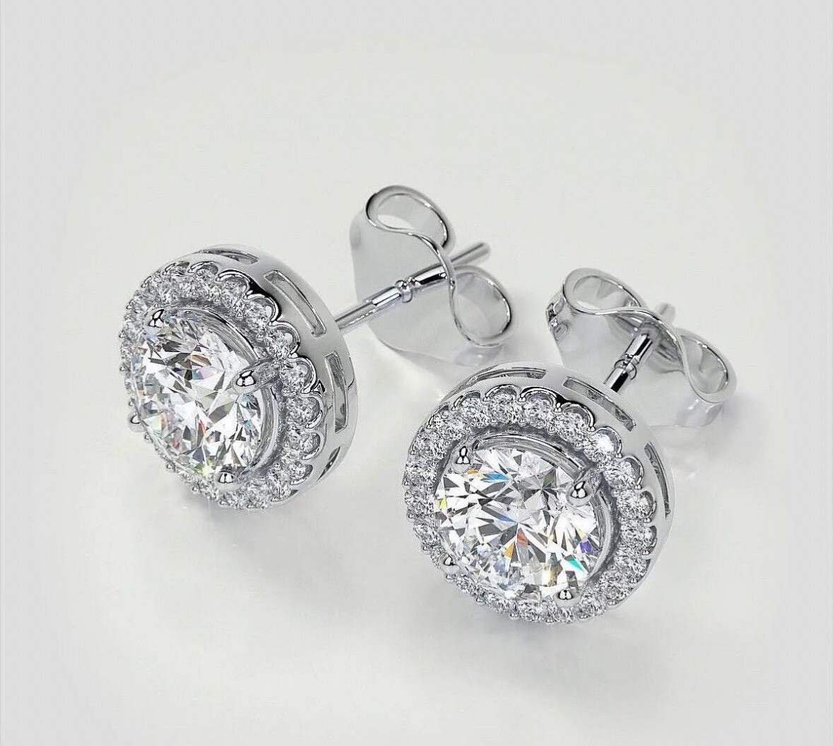 4 Ct Halo Round Cut FL/D Lab Created Stud Earrings 14k White Gold Push Back 8mm