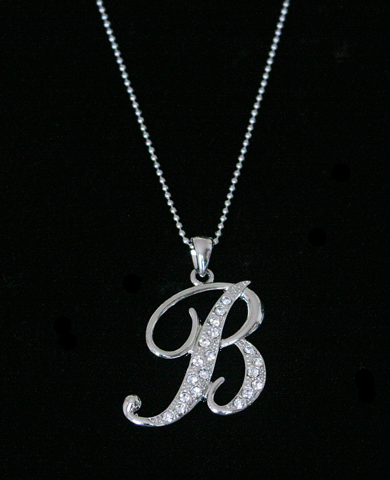 “B” LETTER INITIAL ALPHABET PENDANT CHARM NECKLACE CLEAR CRYSTALS LARGE SILVER T