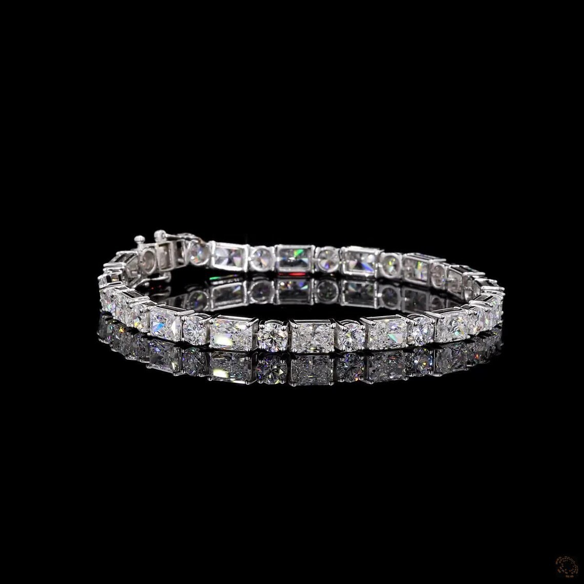 24 CT Radiant & Round Cut Moissanite Tennis Bracelet – Unisex 14K White Gold or