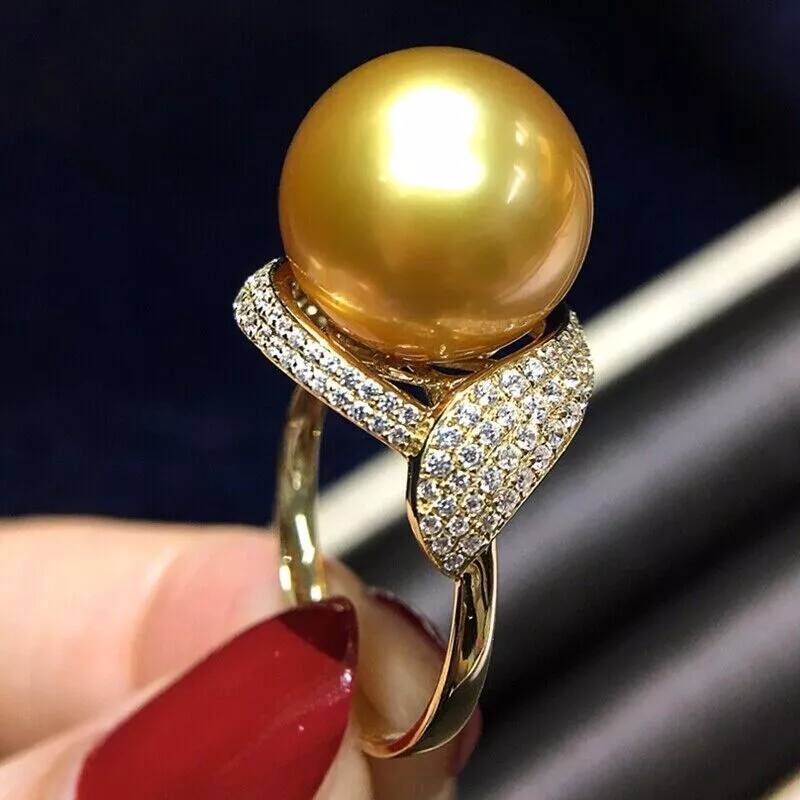 Gorgeous HUGE AAAA 12-11mm Round Natural South Sea Gold Pearl Ring