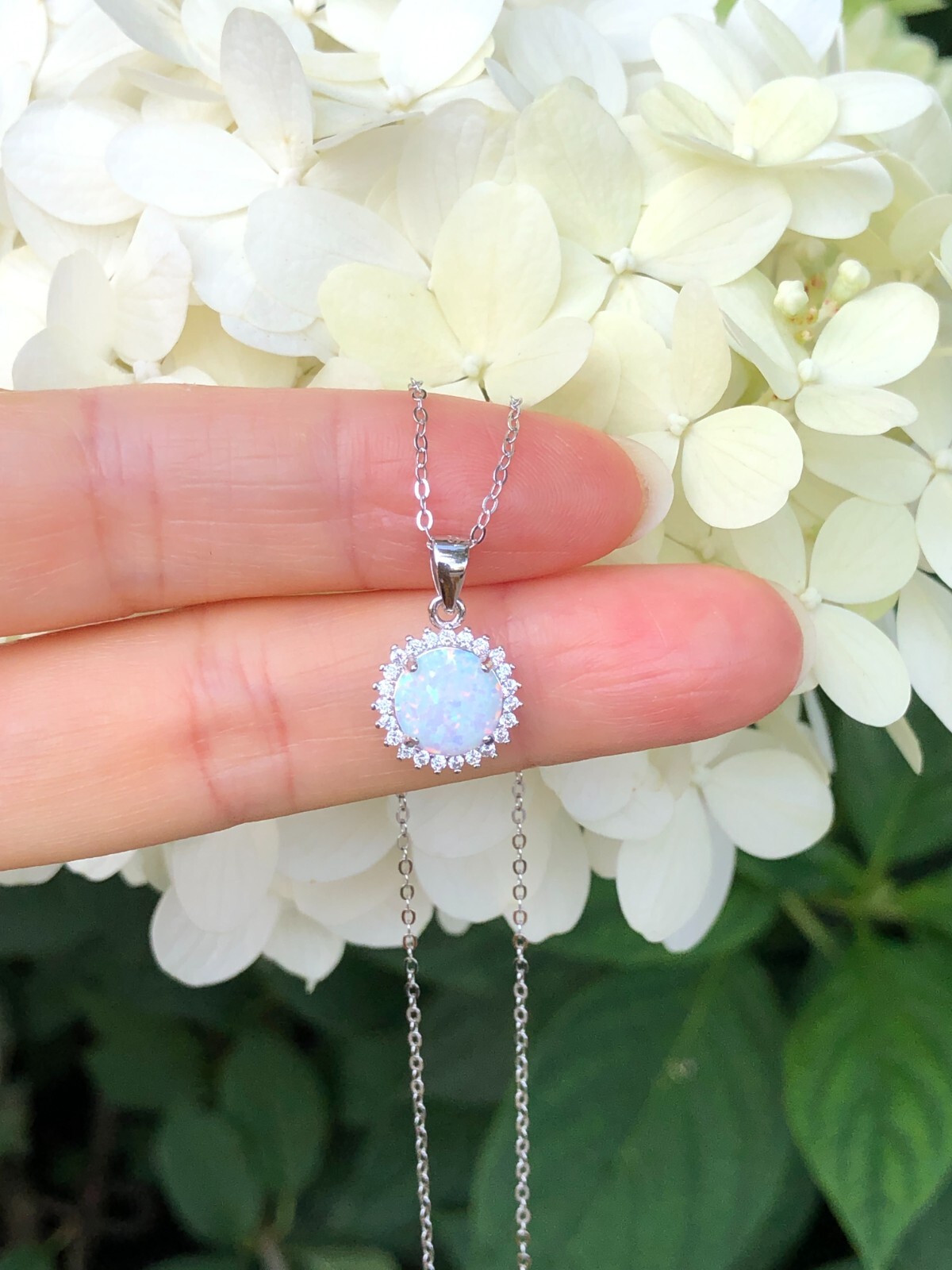 925 Sterling Silver White Opal Halo Round Pendant Necklace Women 10mm(7.8mm)