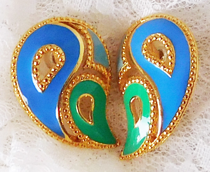 Blue Green Gold Enameled Post Type Pierced Earrings 1 1/2″ x 1″ Classic
