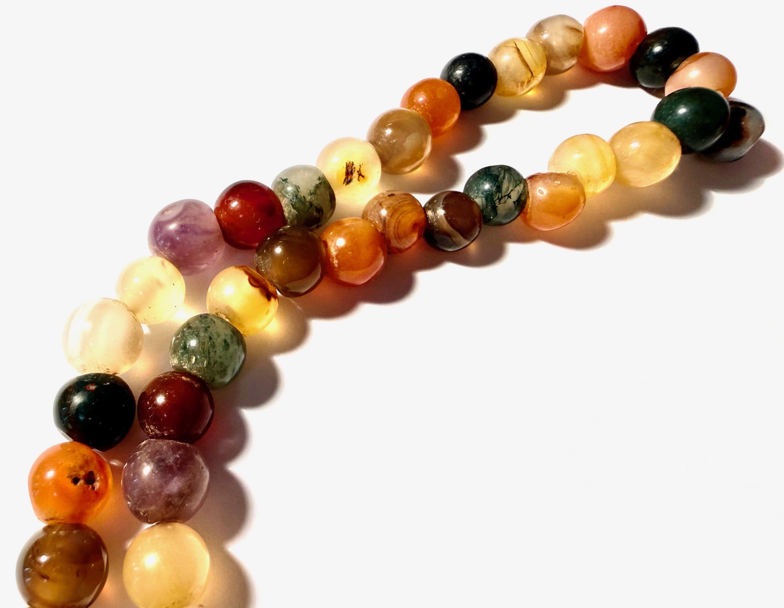 Polished Round Multicolor Agate-Beaded Rope Necklace Hand-knotted, 30″