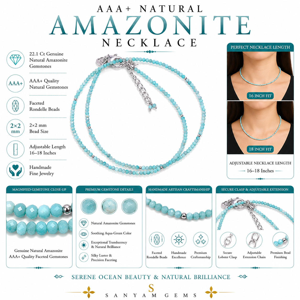 Natural Amazonite Rondelle Gemstone Faceted Beads Aqua Necklace 16-18″ AAA+ P-30