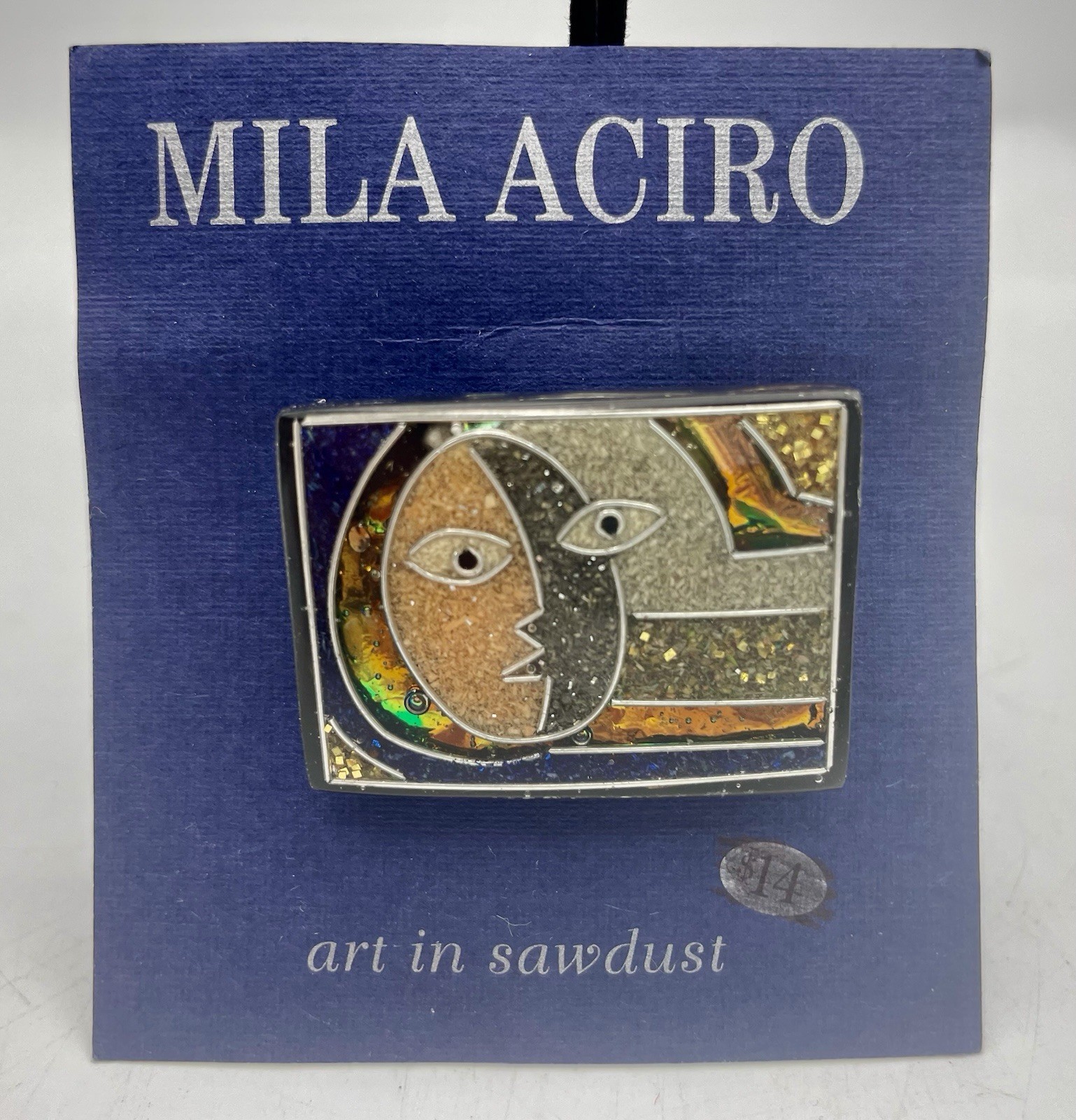 Mila Aciro Art In Sawdust Inlay Cubist Abstract Face Pin Brooch New On Card