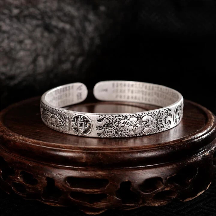 Men Vintage Silver Pixiu Cuff Bracelet Adjustable Wrist Bangle Lucky Bracelet