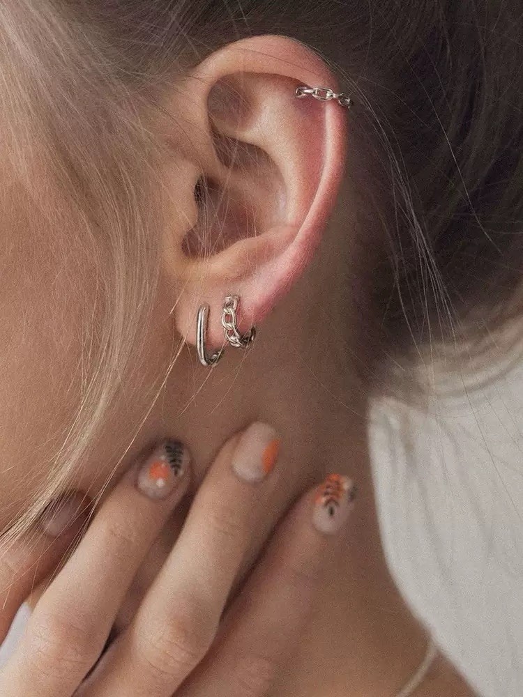 925 Silver Chain Link Huggie Hoop Earrings Vintage Unisex Geometric Earrings A62
