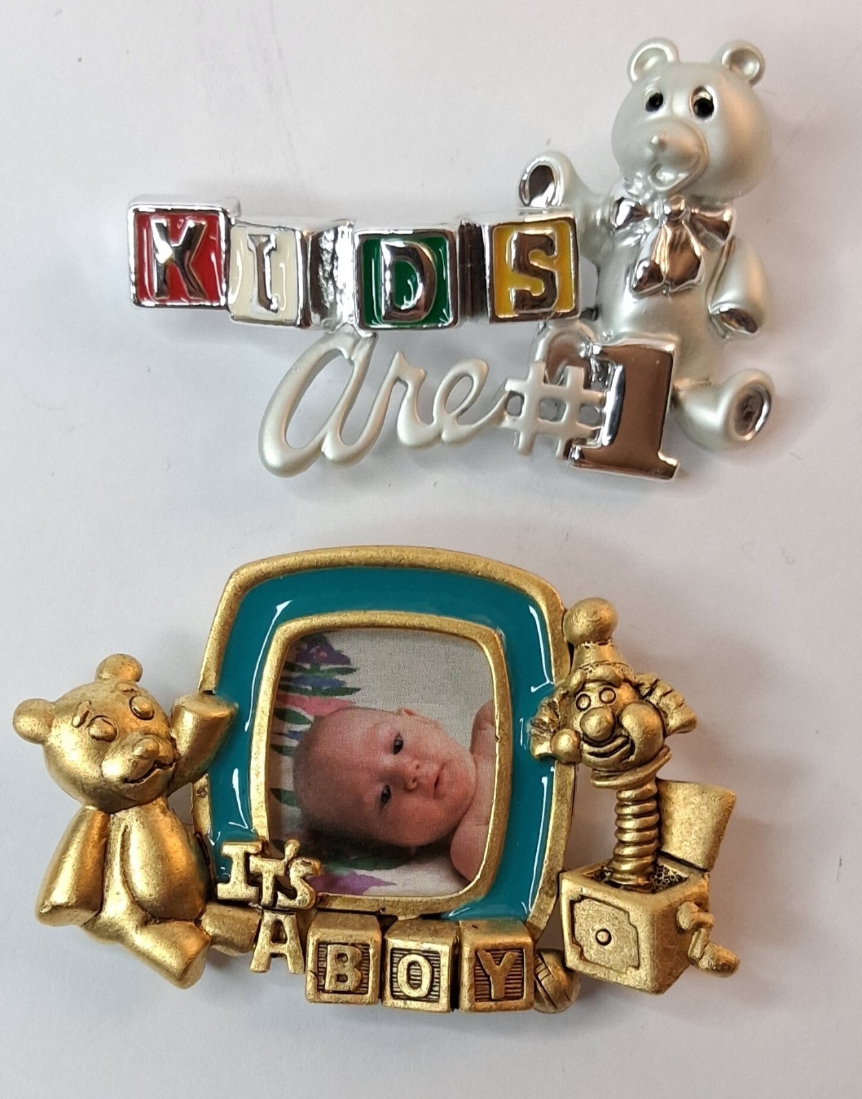 Danecraft Signed 2pc Baby Shower Brooch Pin Lot, Kids #1 & It’s a Boy Photo