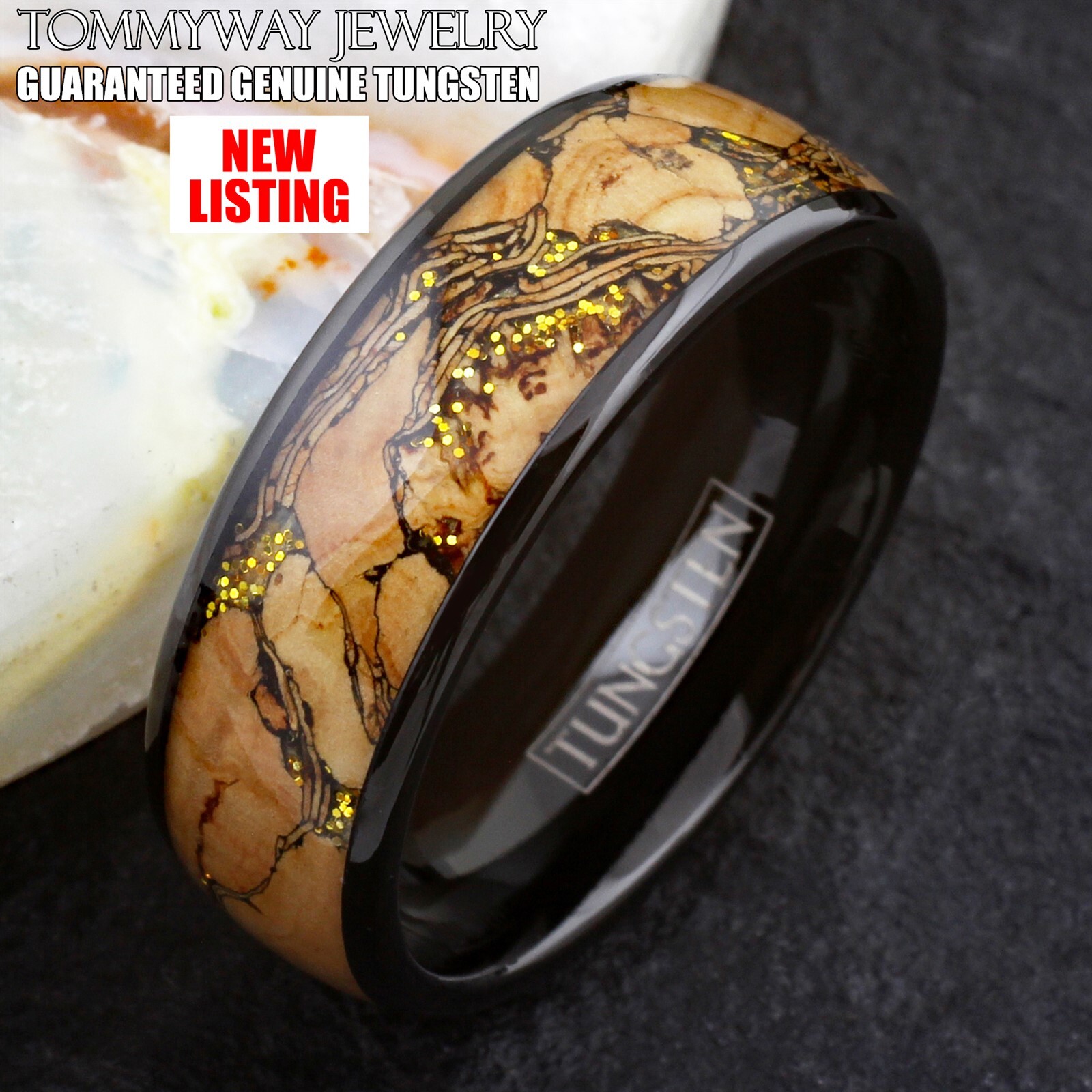 8mm Black Tungsten Carbide Wood w/ Black Grain Wedding Band Ring