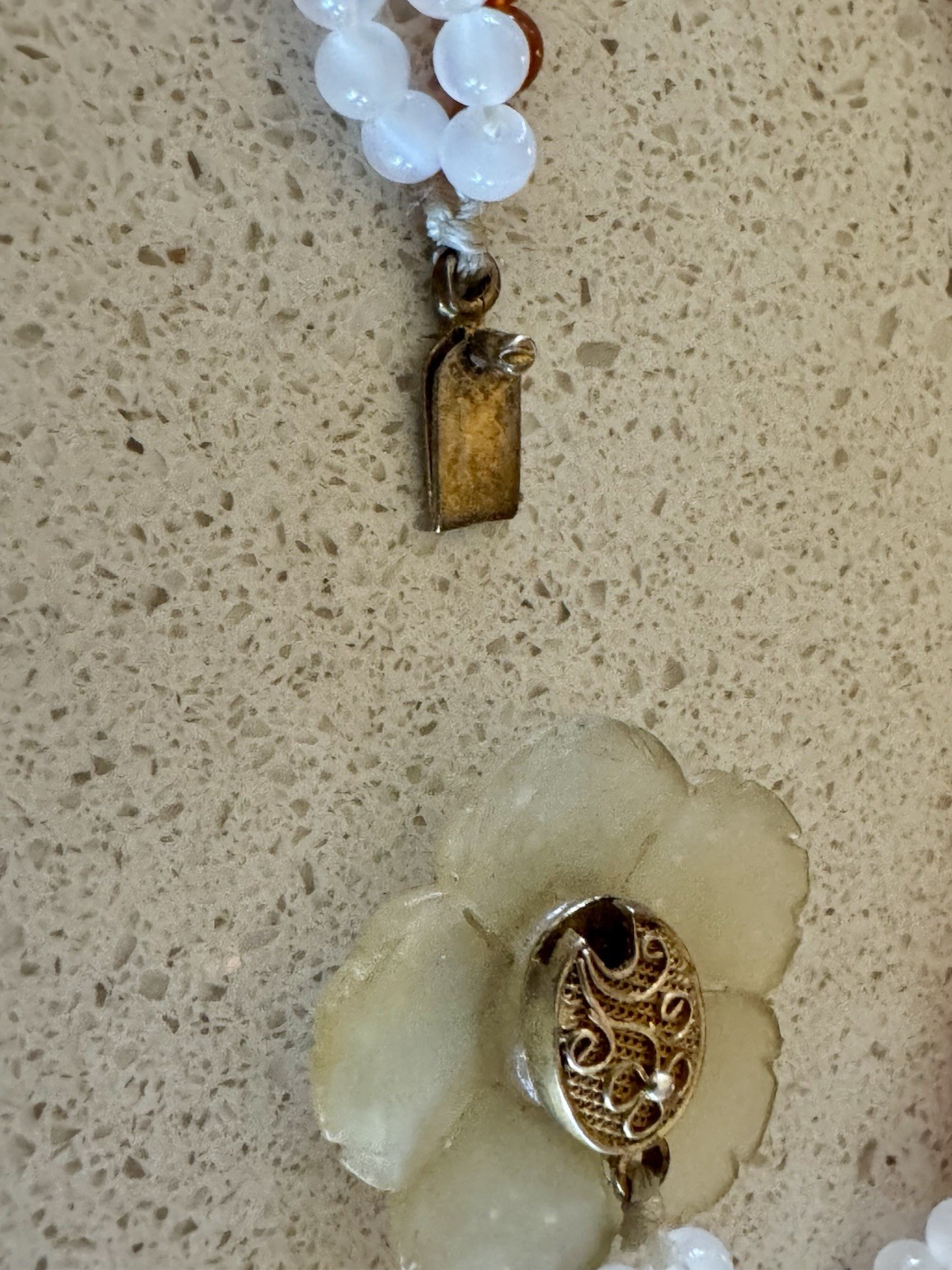 Vintage White & Orange Beaded choker w/ hand-carved chalcedony Flower Pendant