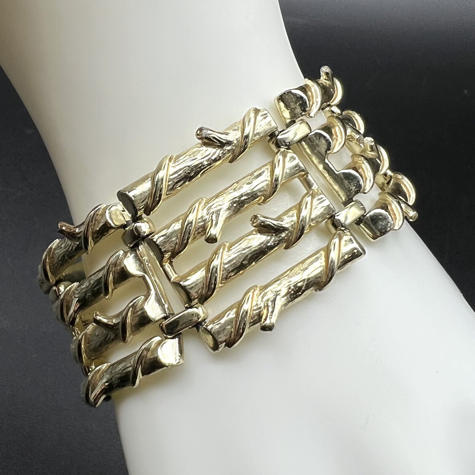 Vintage Signed Coro Bamboo Branch Design Gold Tone Wide Link Metal Bracelet