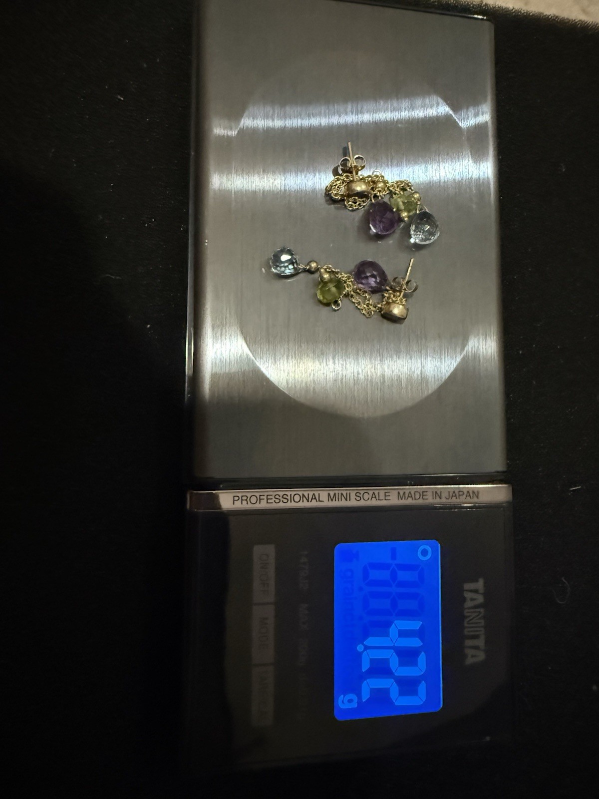Vintage 14K Gold Yellow Blue Topaz, Amethyst, Peridot Dangle Earrings 5.5 CT