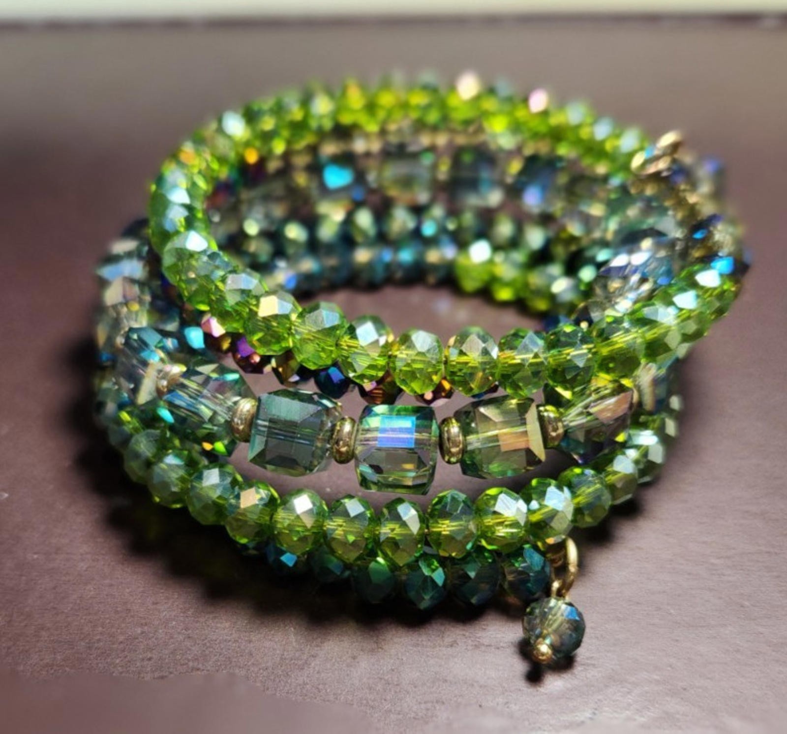 Vintage Costume Jewelry Wrap Spiral Bracelet Green Blue Faceted Crystal Beads