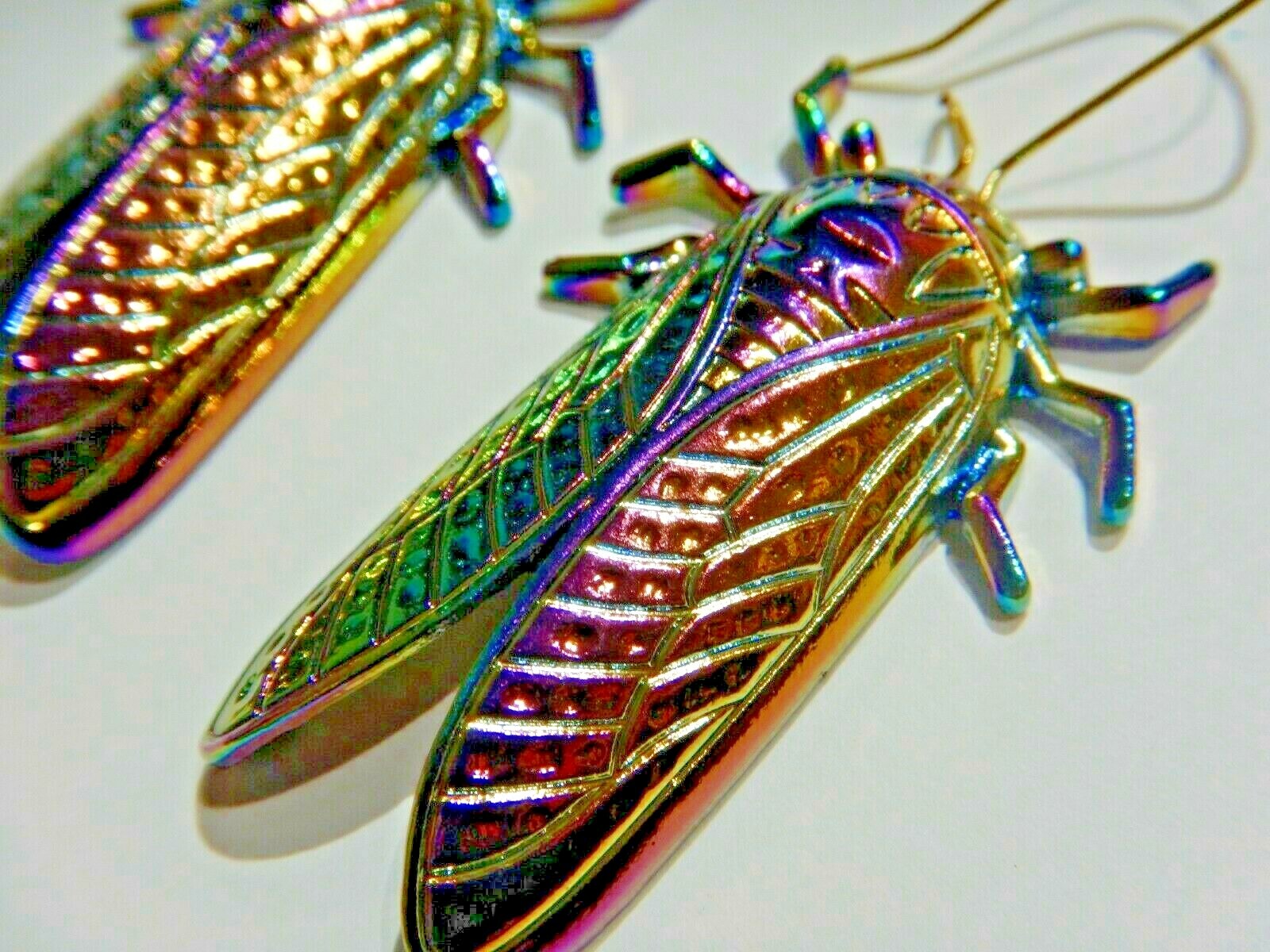 RAINBOW CICADA INSECT EARRINGS anodized metal wire hoop hangers bug pendants I4