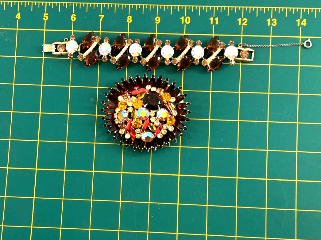 JULIANA D&E Amber Navettes, ABs, Art Glass 2-PC Set Bracelet Brooch