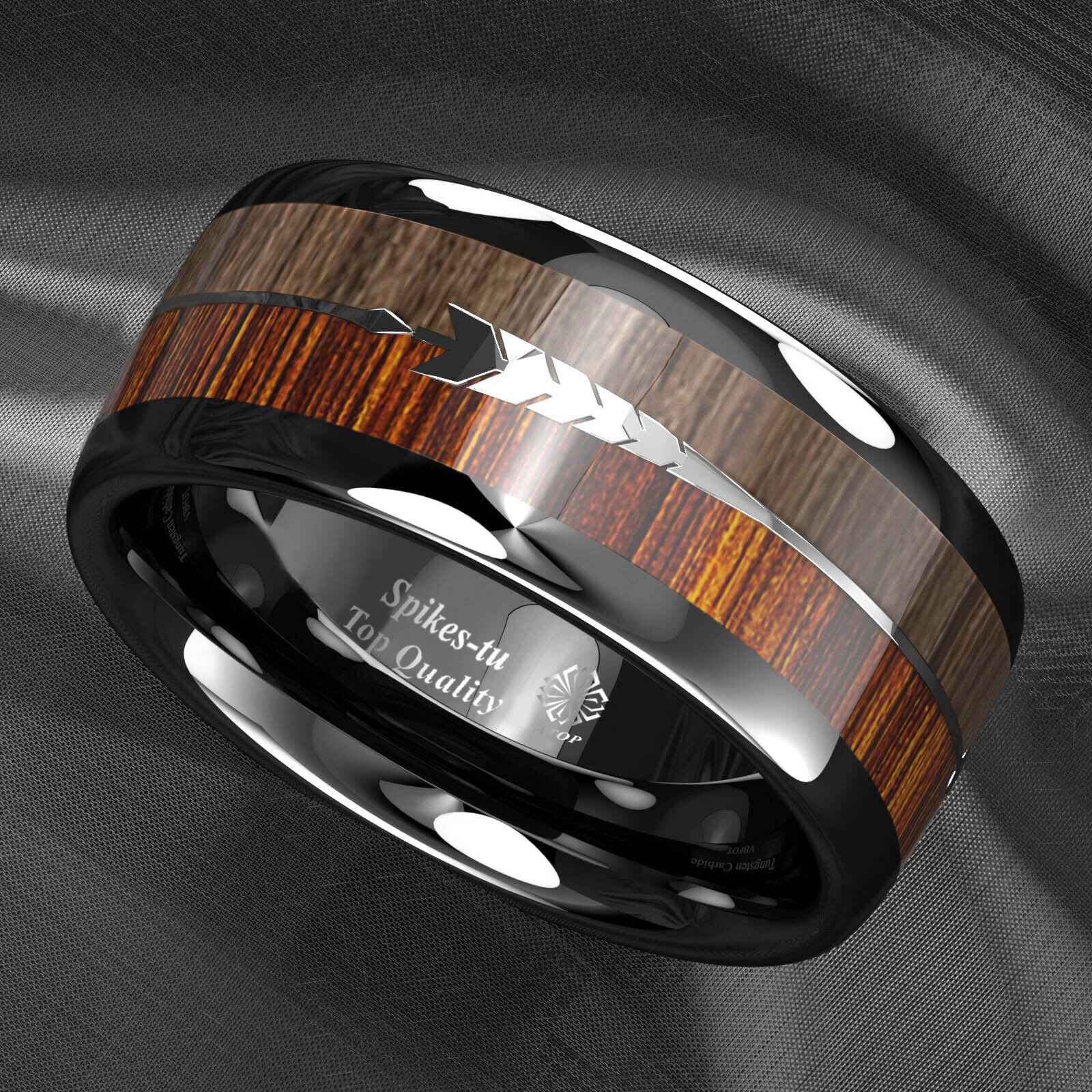 8/6mm Black Dome Tungsten Ring 2 Style Wood Arrow Wedding Band ATOP Men Jewelry