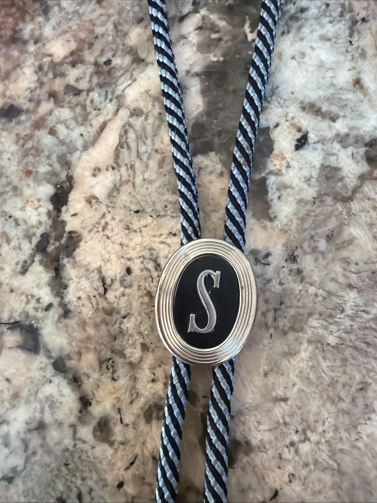 Vtg Swank “S” Initial Bolo Tie Light Blue/Dark Blue String