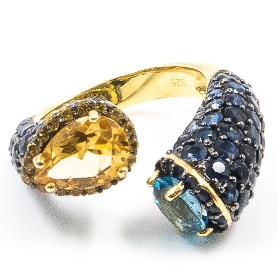 8.57ct Swiss Blue Topaz Citrine and Blue Sapphire Ring 925 Sliver Gold Plated