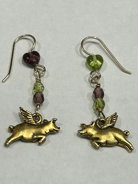 Gold tone Pewter &14k GF Flying Pig dangle earrings- pigs fly, special order