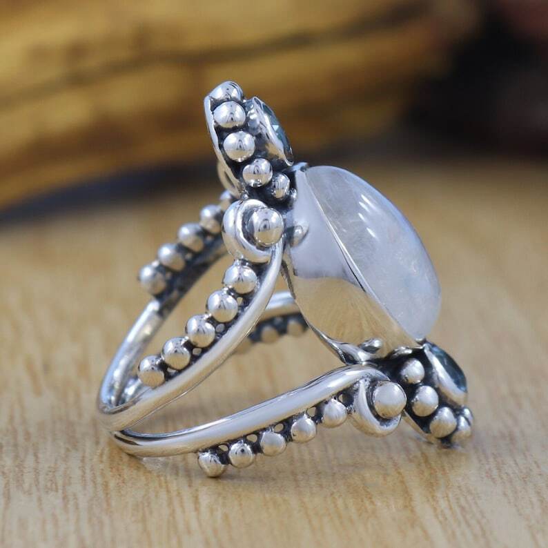 Moonstone & Aquamarine Ring 925 Sterling Silver Ring Gemstone Ring Women’s Ring