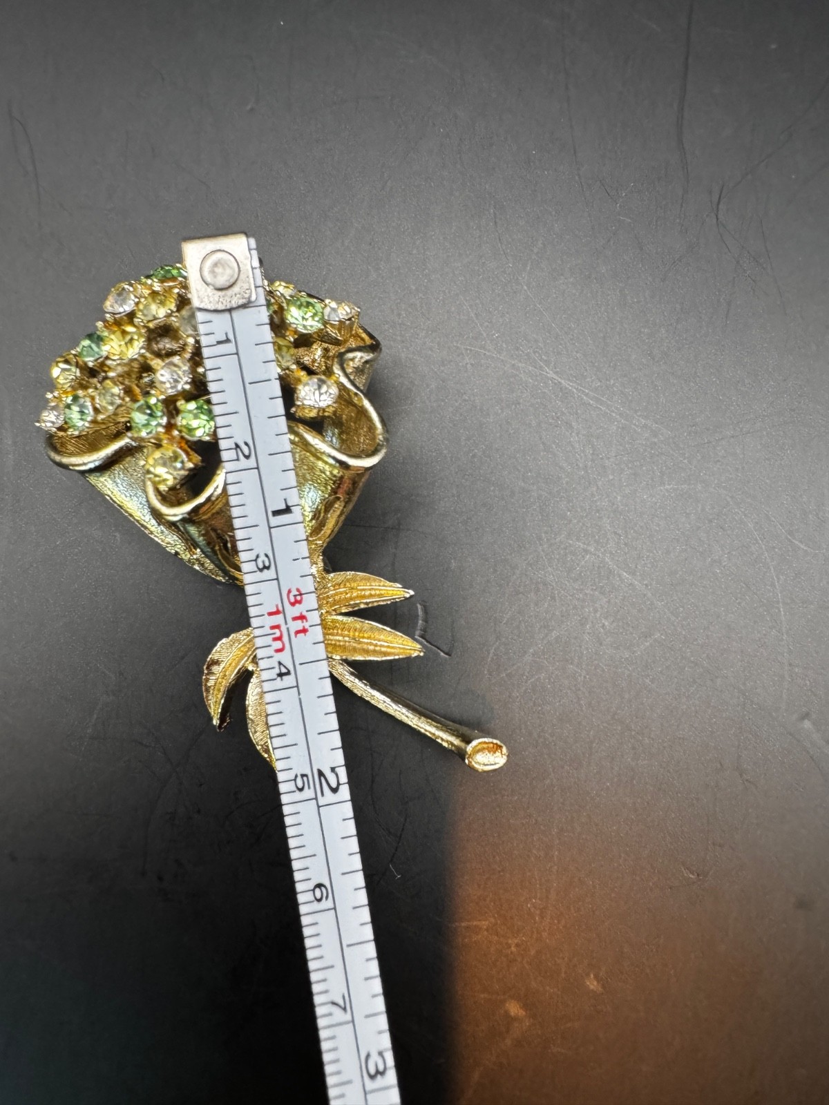 Vintage Signed CORO Rhinestone Flower Bouquet Brooch Green Clear Gold Tone Pin