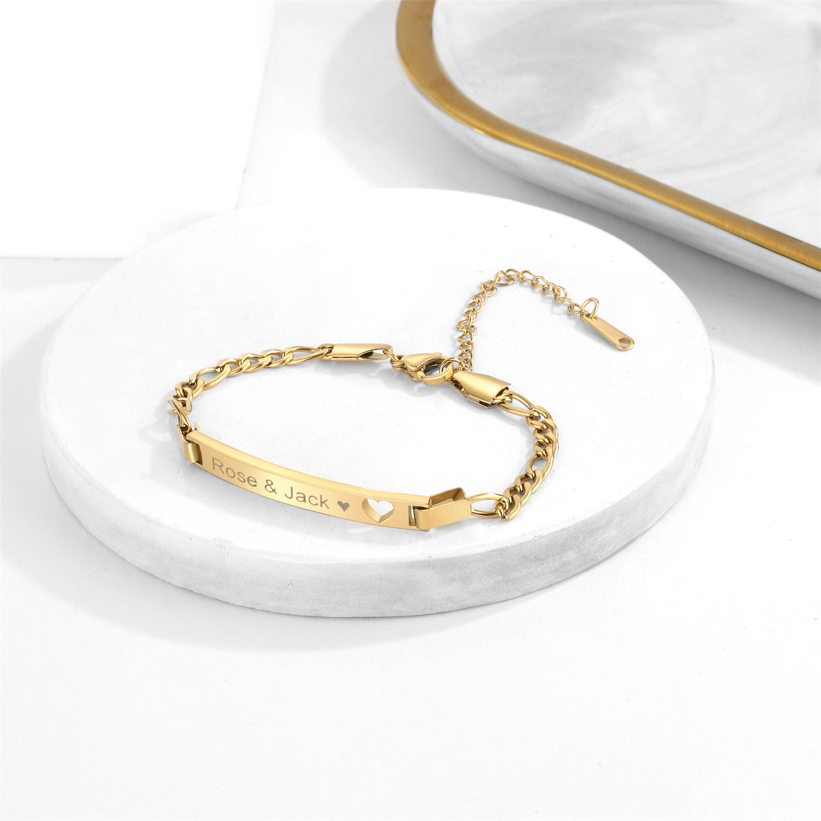 Personalized Love Heart Figaro Link Chain Bracelet Engraved Custom for Men Women