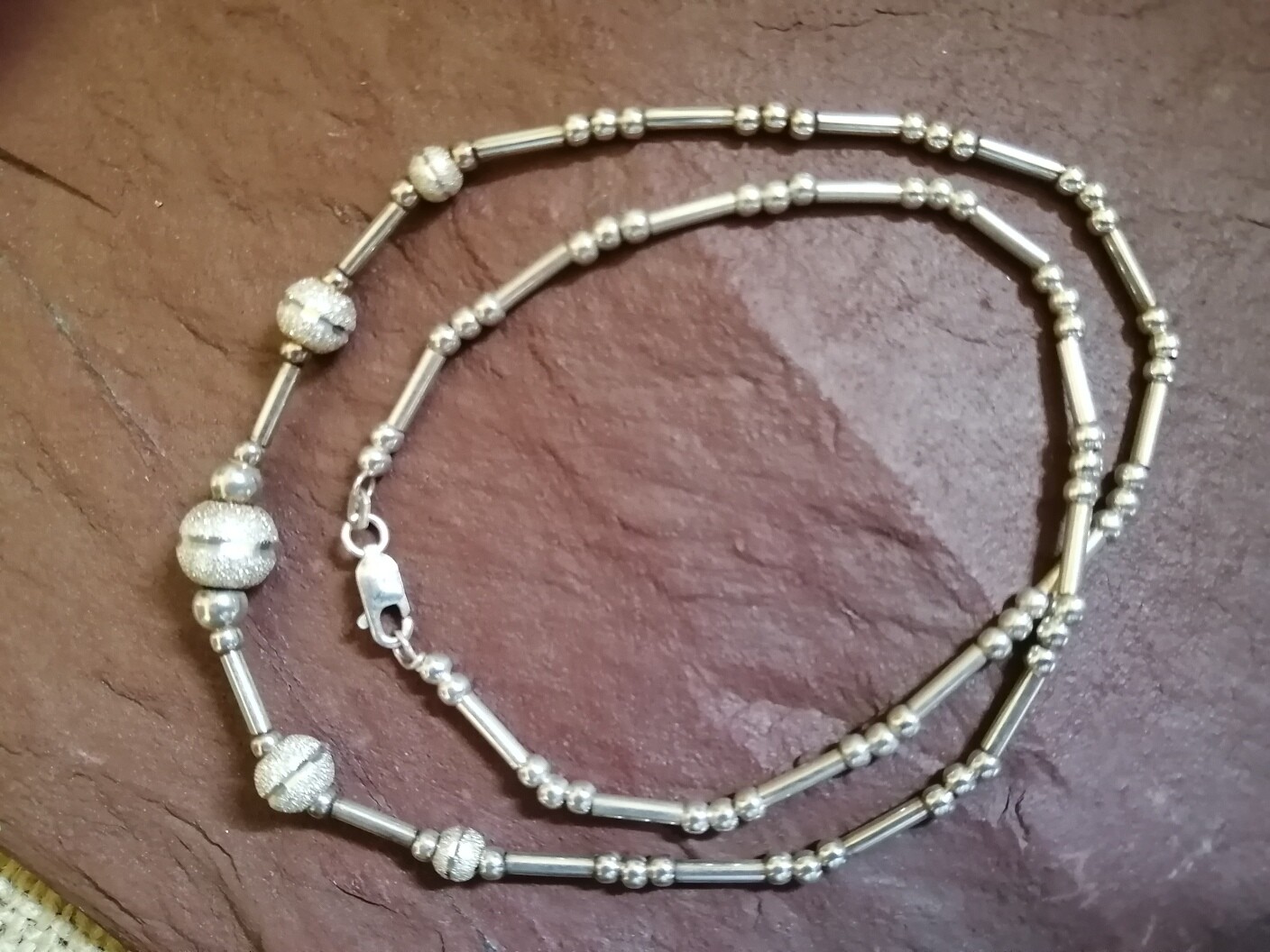Sterling Silver Bead, Bar and Sparkling Ball Necklace, Excellent!