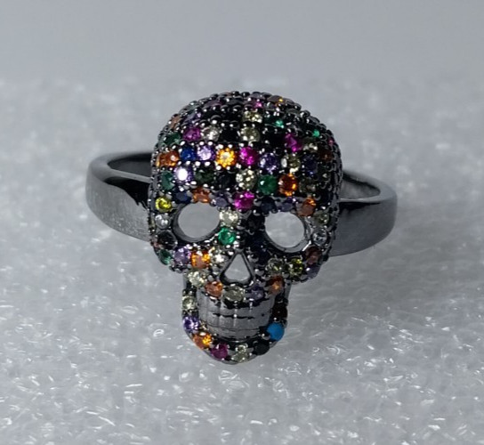 Gothic Skeleton Skull Ring Multi-Color Crystal Black Gunmetal Tone Finish Size 7