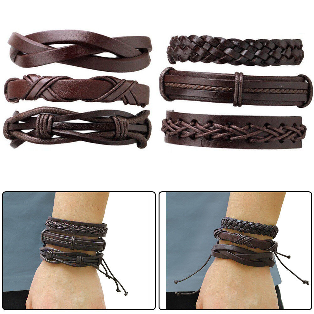 6PCS Braided Leather Brown Bracelet For Cuff Wrap Wristband Men Women Gift