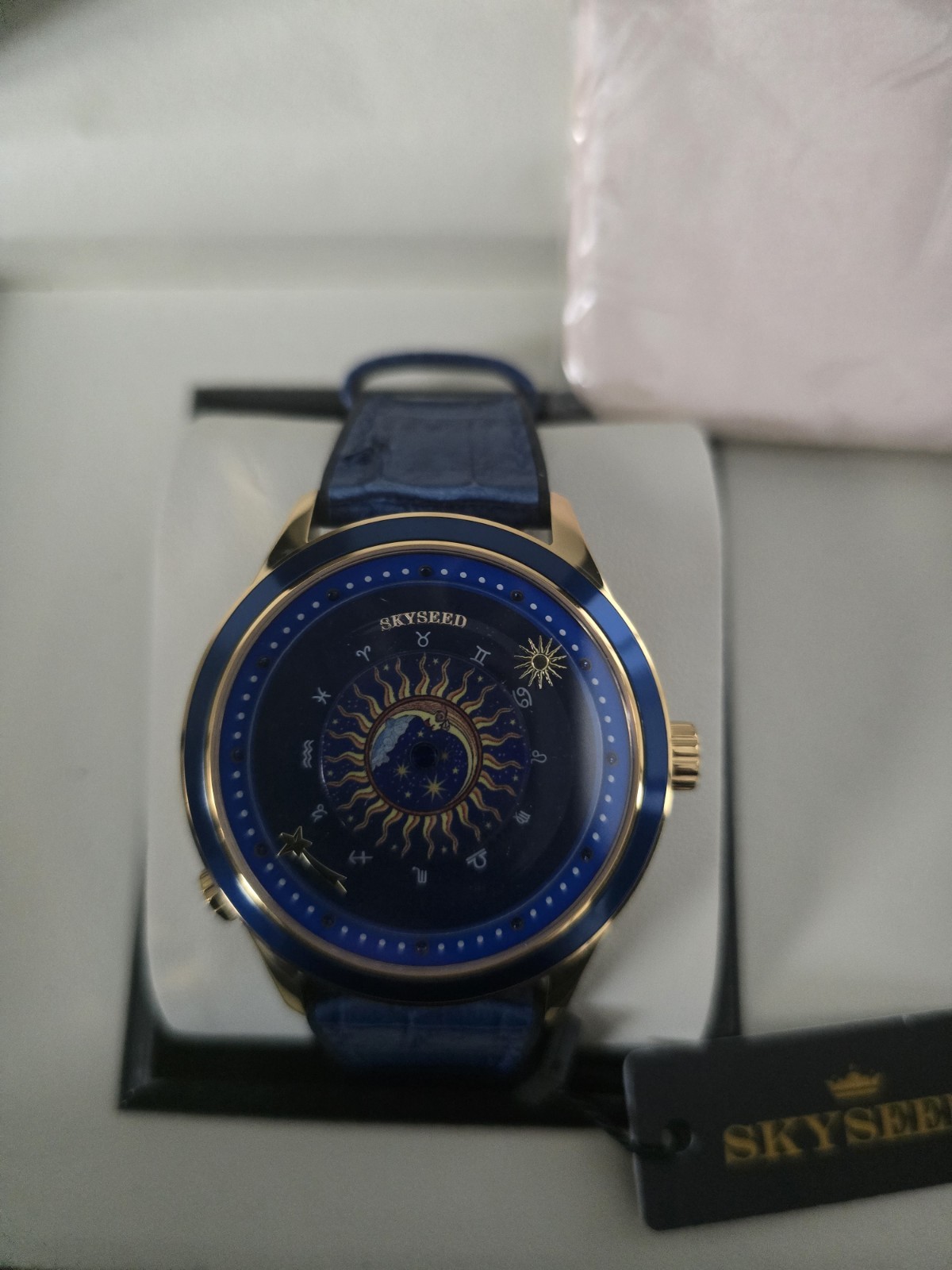 Skyseed Astronomical Celestial Watch Blue Gold Dial Automatic Leather Men’s NIB