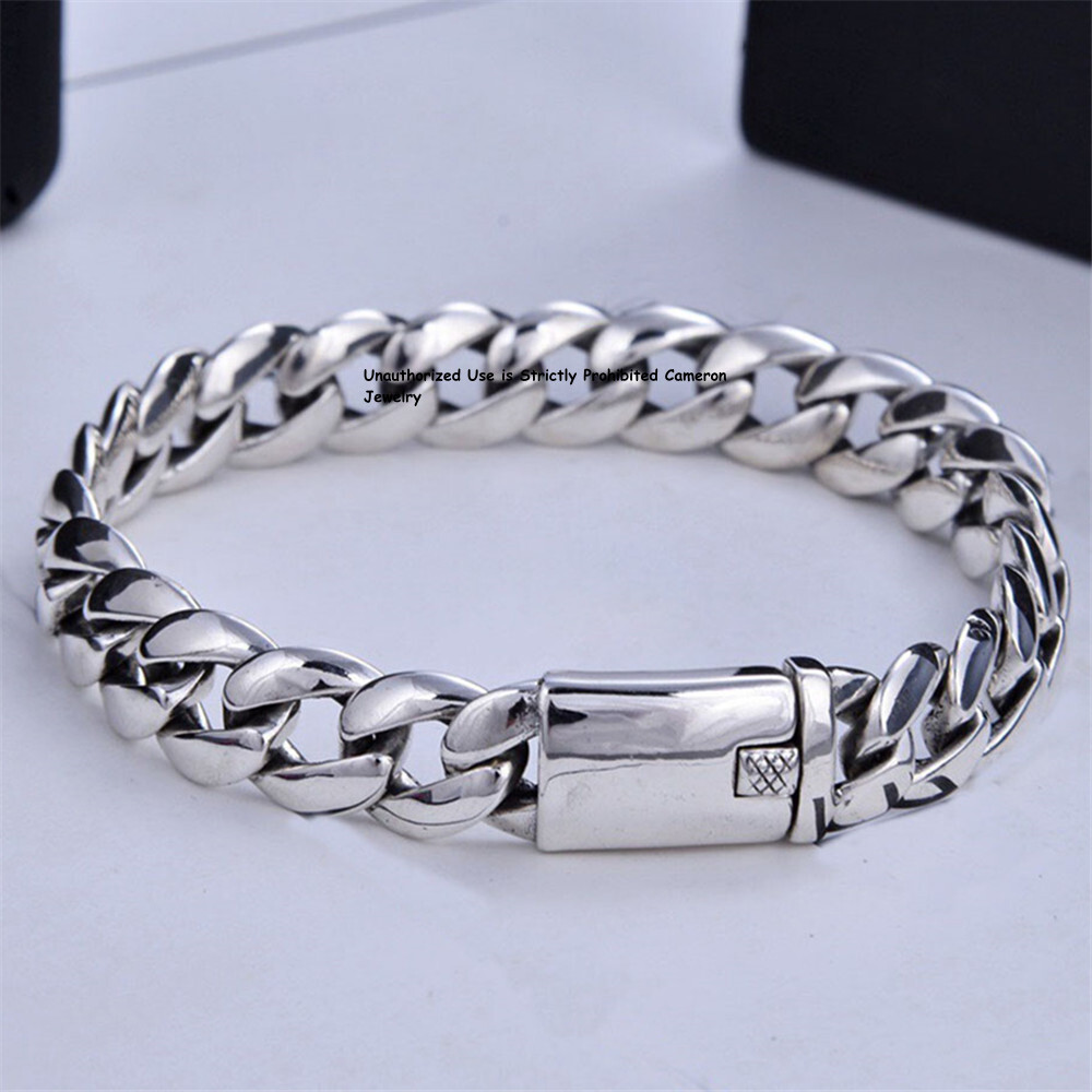 Pure S925 Sterling Silver Chain Men Women 11mm Curb Link Bracelet 7.1-7.9inch