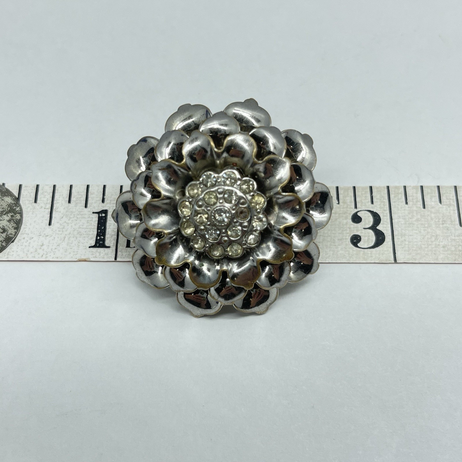 Brooch Silver Tone Flower Layered Petals Rhinestone Center No Mark -Flaw
