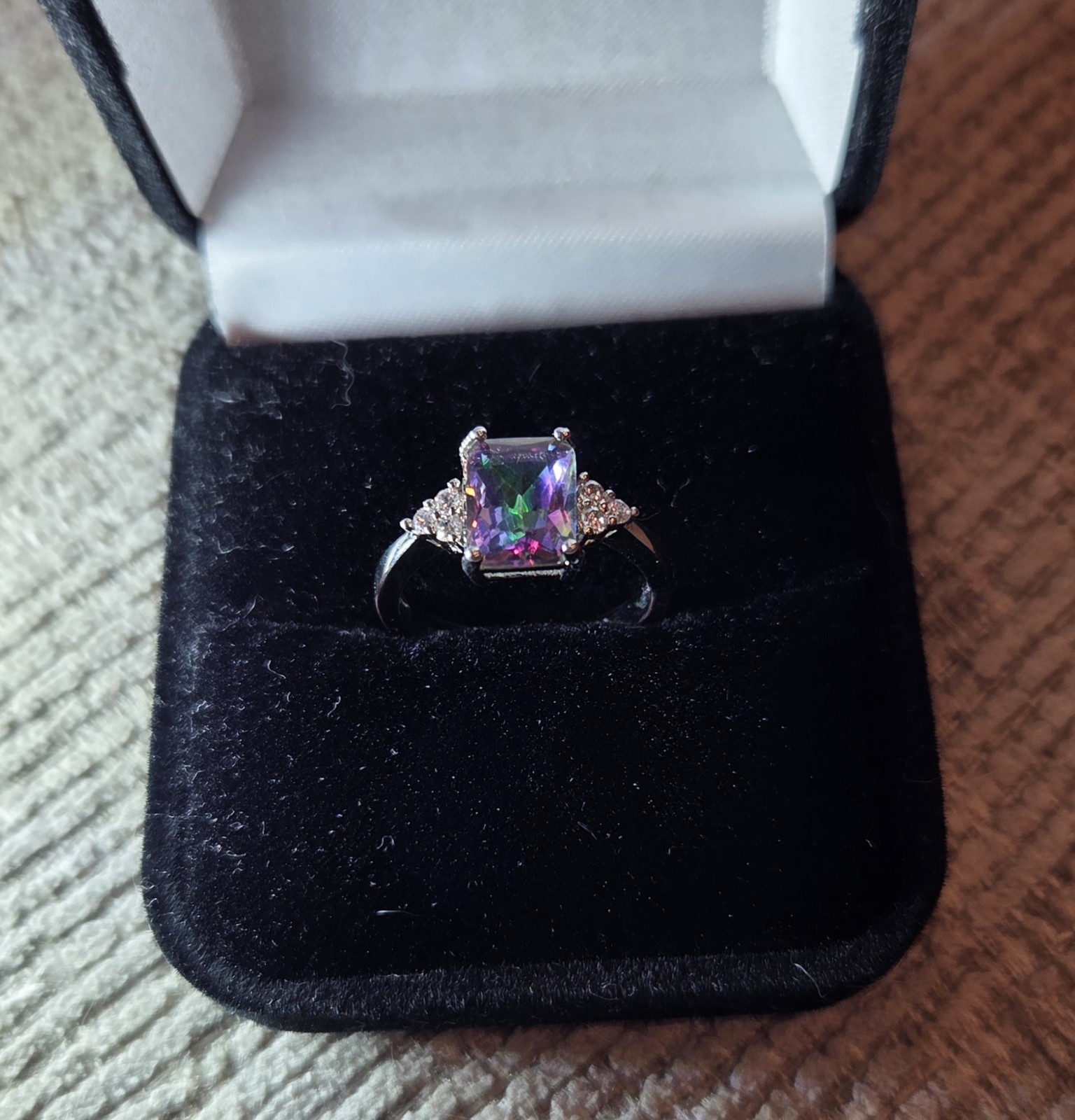 Sterling 925 Emerald Cut Multi Mystic Topaz Size 7 Ring w/6 Clear Accent Stones