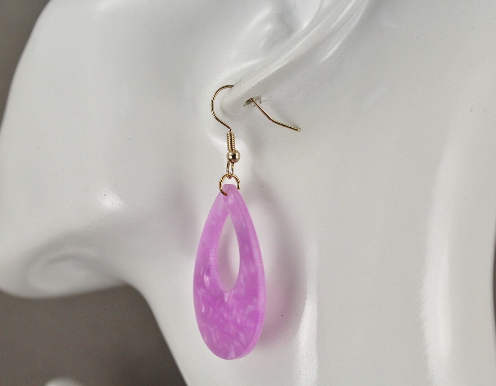 Purple teardrop earrings lightweight dangle cut out oval outline 2.25″ long