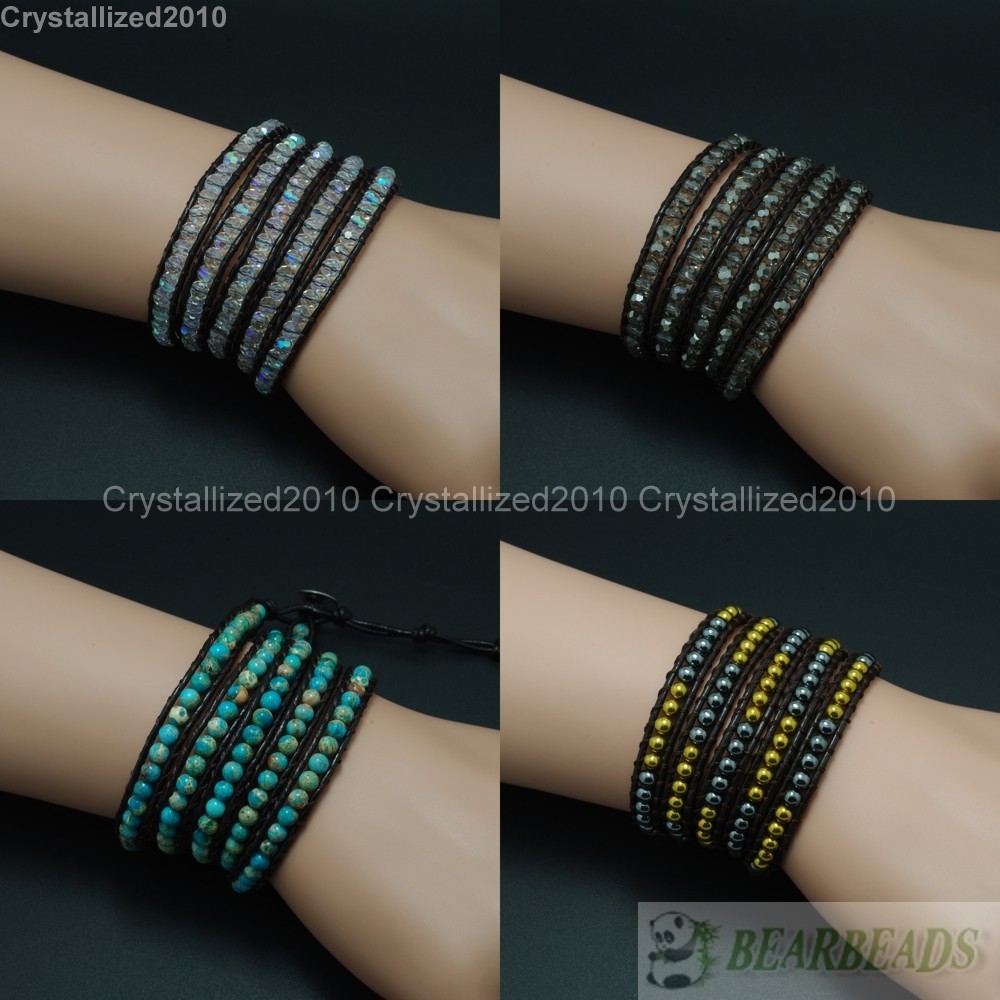 Hot Colorful Handmade Mixed Crystal Gemstones Beads Wrap Leather Bracelet 5 Wrap