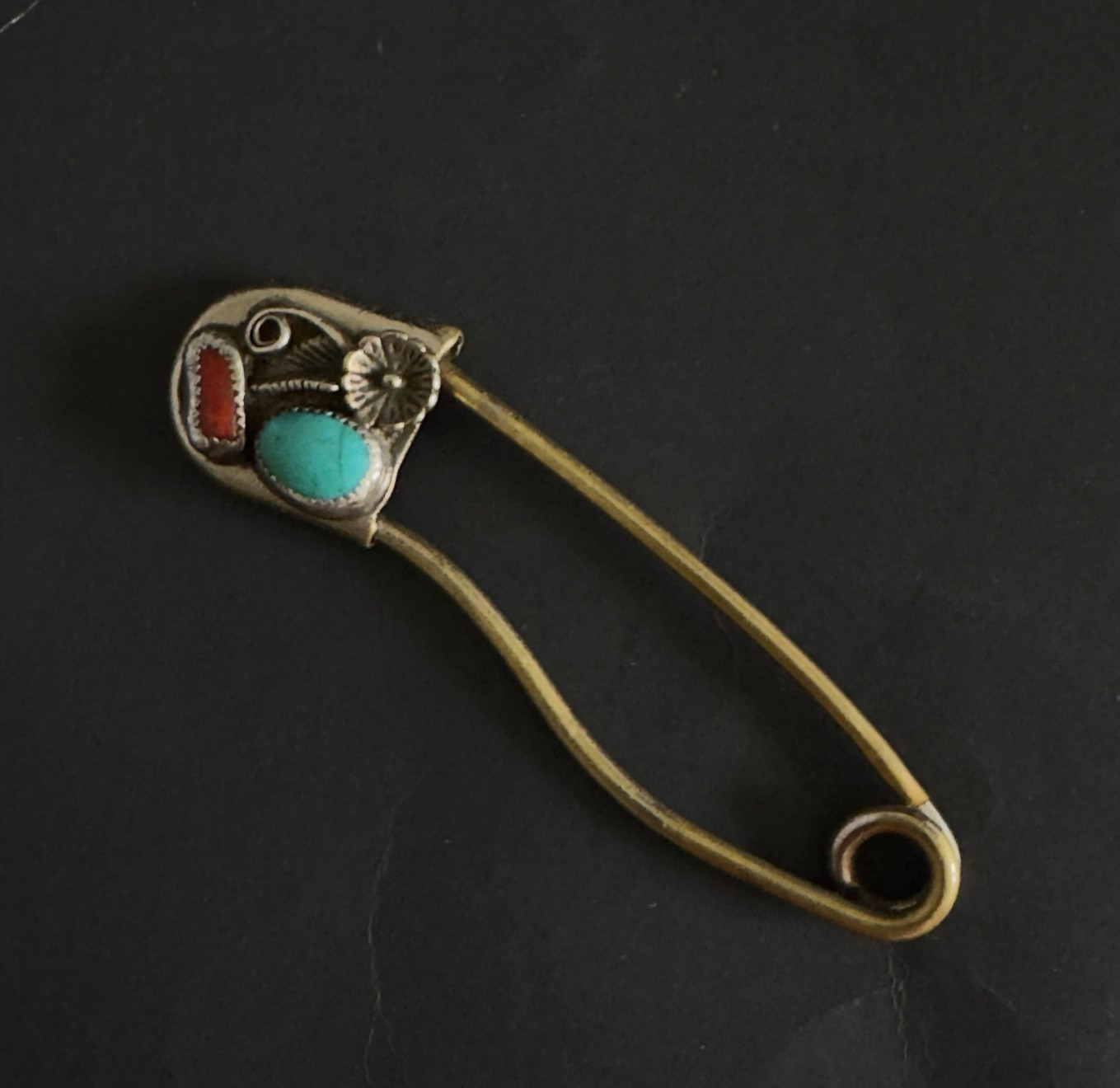 Vintage Risdon Safety Pin Brooch Turquoise Coral Keychain Native American