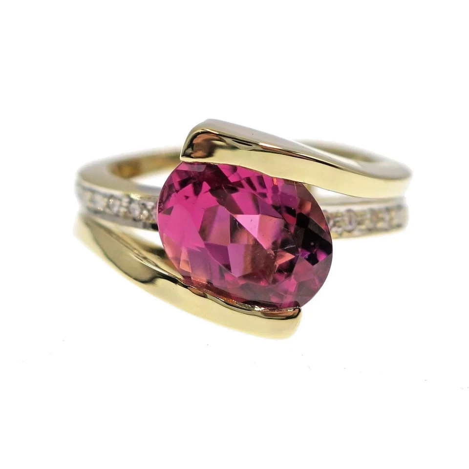 Fabulous 14k Solid Yellow Gold 2.50ct Natural Pink Tourmaline Diamond Ring Sz 7