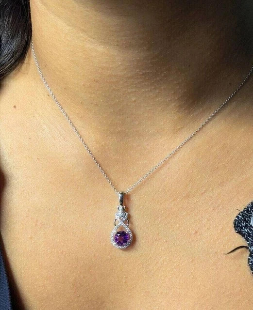 14K White Gold Plated Round Cut Lab Created Purple Amethyst Pendant with Chain