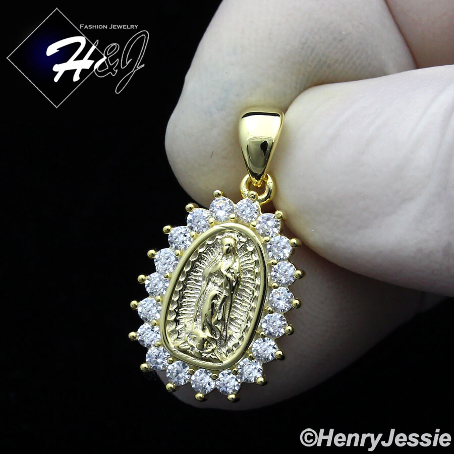 925 STERLING SILVER ICY BLING CZ SMALL GOLD PLATED 3D VIRGIN MARY PENDANT*GP373